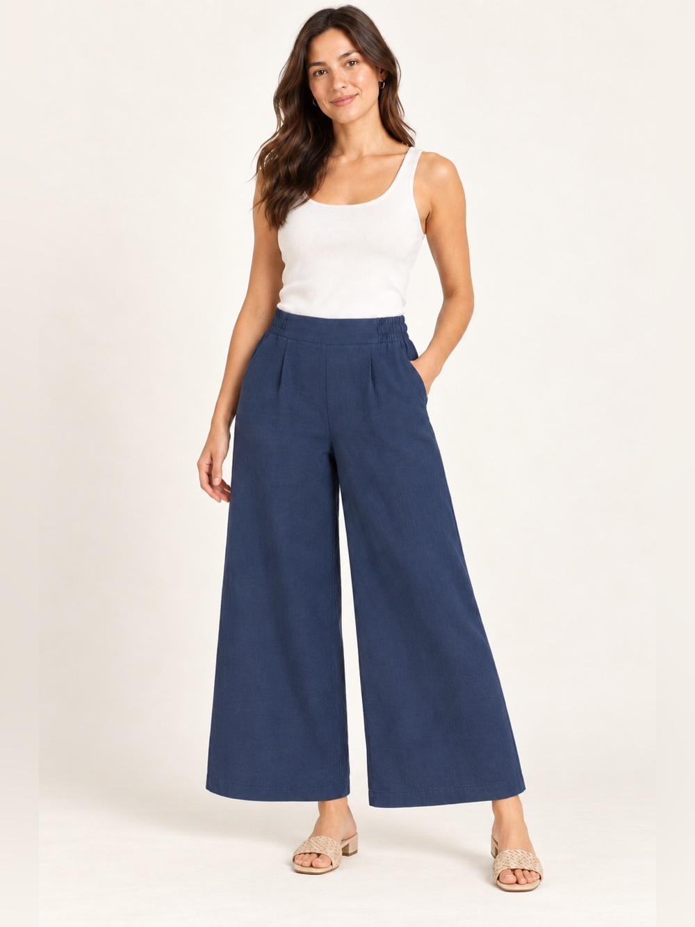 H&M Navy Flowy Wide Leg Ankle Pants Size 8